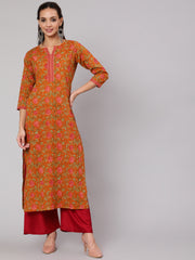 Women Mustard Floral Printed Straight Kurta With Three Quarter Sleeves