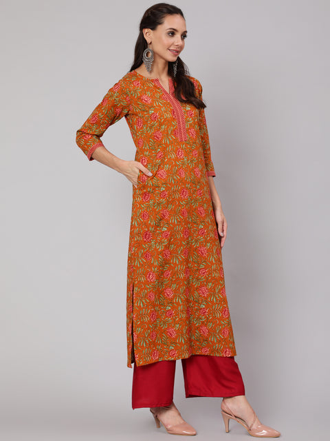 Women Mustard Floral Printed Straight Kurta With Three Quarter Sleeves