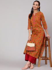 Women Mustard Floral Printed Straight Kurta With Three Quarter Sleeves