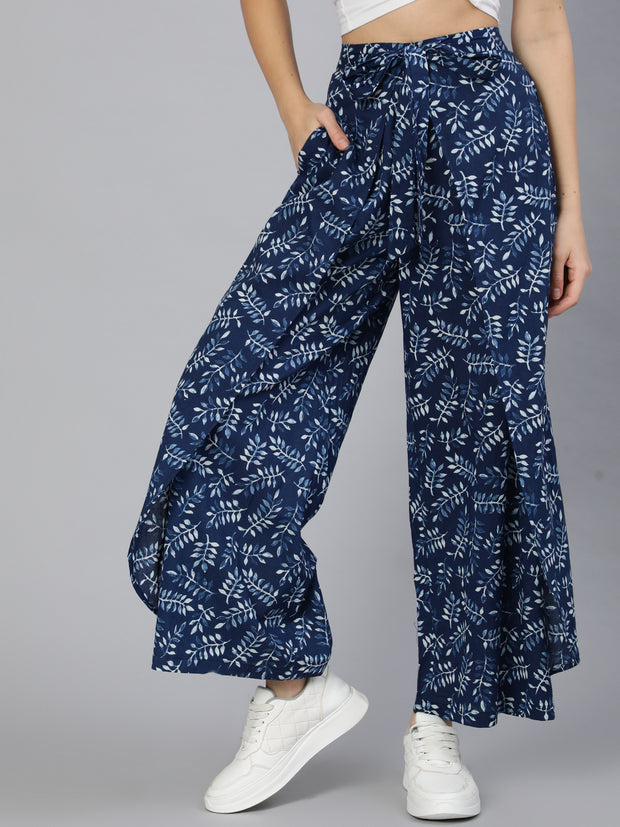 Women Blue Printed Plazo With Side Pockets