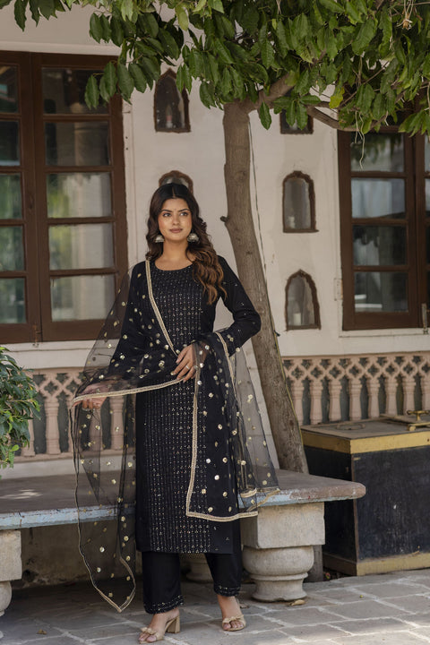 Women Black Embroidered Straight Kurta With Trouser And Net Dupatta