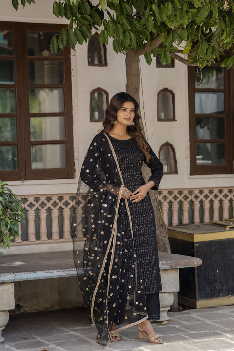 Women Black Embroidered Straight Kurta With Trouser And Net Dupatta