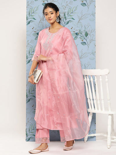 Women Pink Embroidered Straight Kurta With Palazzo And Net Dupatta