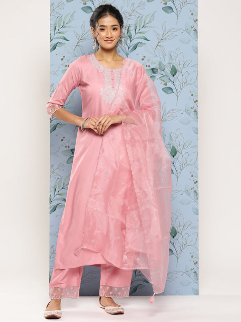 Women Pink Embroidered Straight Kurta With Palazzo And Net Dupatta