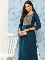 Women Teal Blue Embroidered Yoke Desgin Straight Kurta