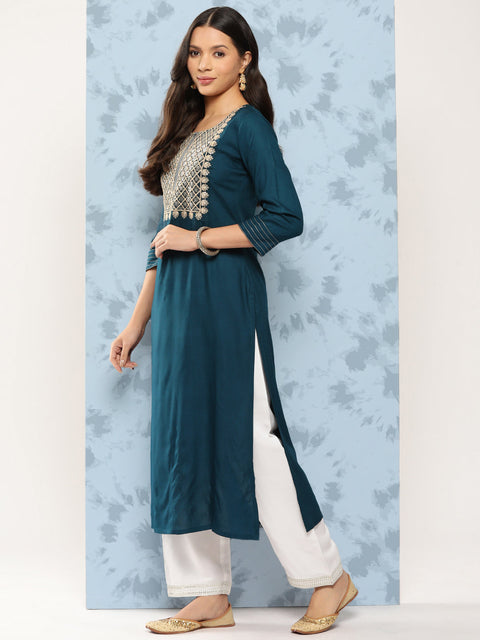 Women Teal Blue Embroidered Yoke Desgin Straight Kurta