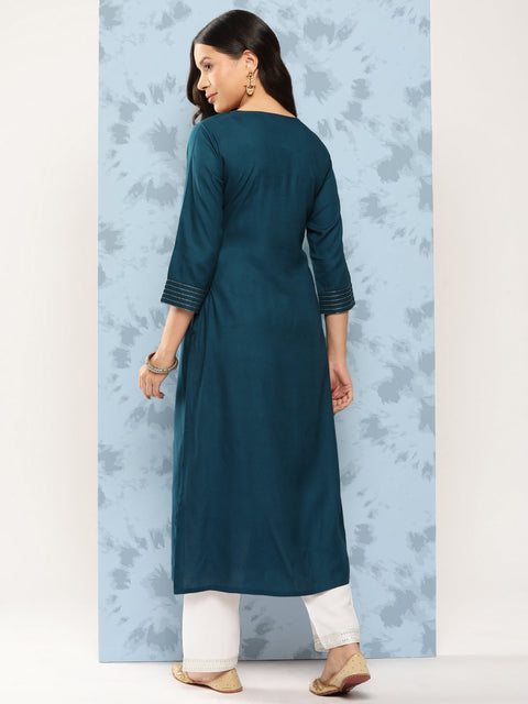 Women Teal Blue Embroidered Yoke Desgin Straight Kurta