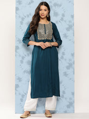 Women Teal Blue Embroidered Yoke Desgin Straight Kurta