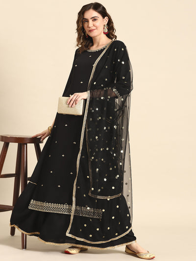 Women Black Embroidered Straight Kurta With Skirt And Net Dupatta