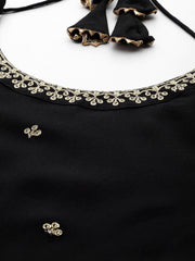 Women Black Embroidered Straight Kurta With Skirt And Net Dupatta