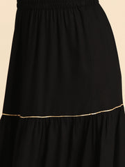 Women Black Embroidered Straight Kurta With Skirt And Net Dupatta