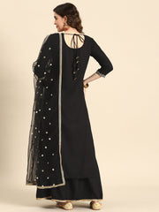 Women Black Embroidered Straight Kurta With Skirt And Net Dupatta