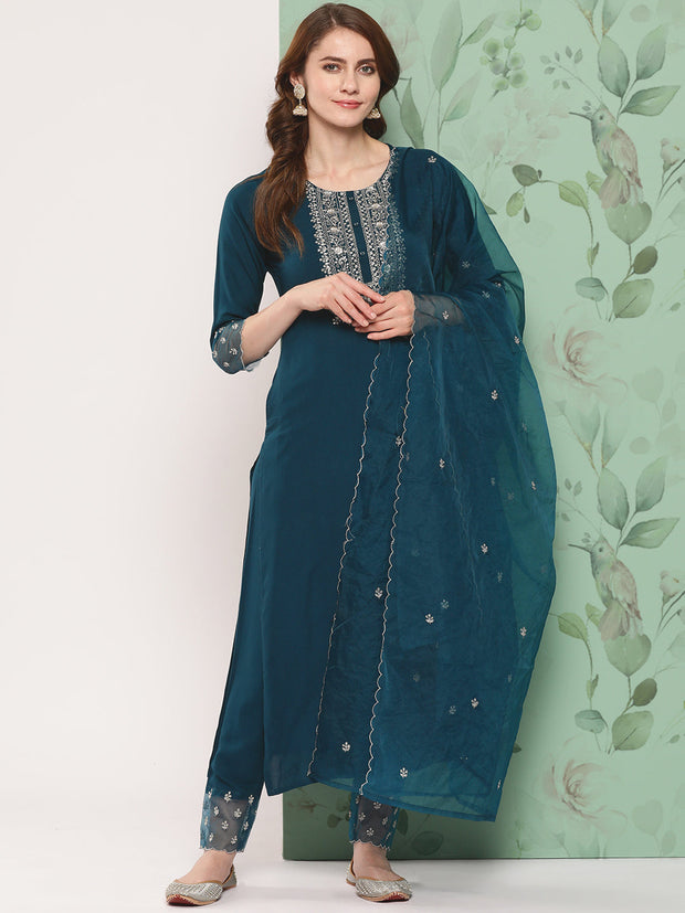 Women Teal Blue Embroidered  Straight Kurta And Trouser With Organza Dupatta