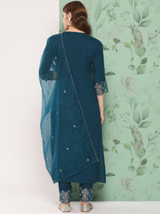 Women Teal Blue Embroidered  Straight Kurta And Trouser With Organza Dupatta