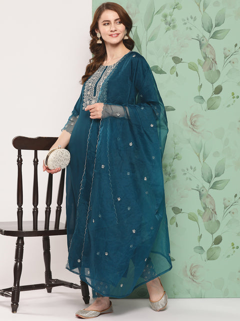 Women Teal Blue Embroidered  Straight Kurta And Trouser With Organza Dupatta