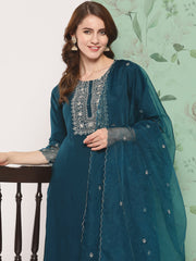 Women Teal Blue Embroidered  Straight Kurta And Trouser With Organza Dupatta