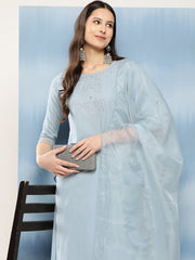 Women Blue Embroidered Straight Kurta With Palazzo And Net Dupatta