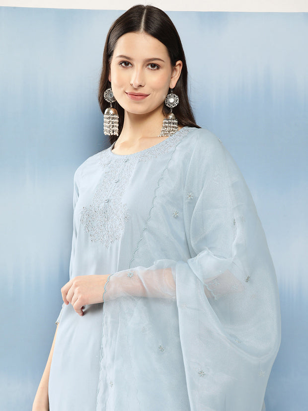 Women Blue Embroidered Straight Kurta With Palazzo And Net Dupatta