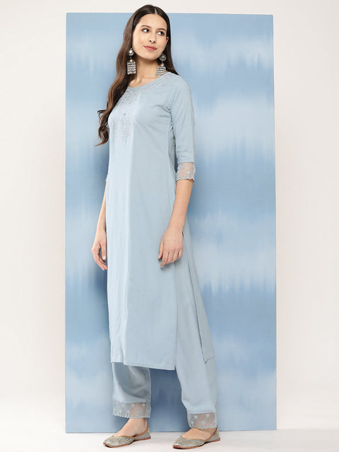 Women Blue Embroidered Straight Kurta With Palazzo And Net Dupatta