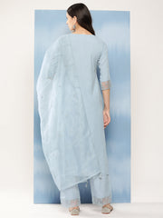 Women Blue Embroidered Straight Kurta With Palazzo And Net Dupatta