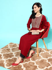 Women Maroon Embroidered Yoke Desgin Straight Kurta