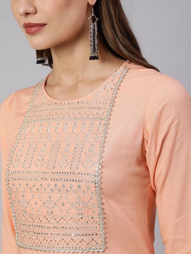 Women Peach Embroidered Straight Kurta With Three Quarter Sleeves