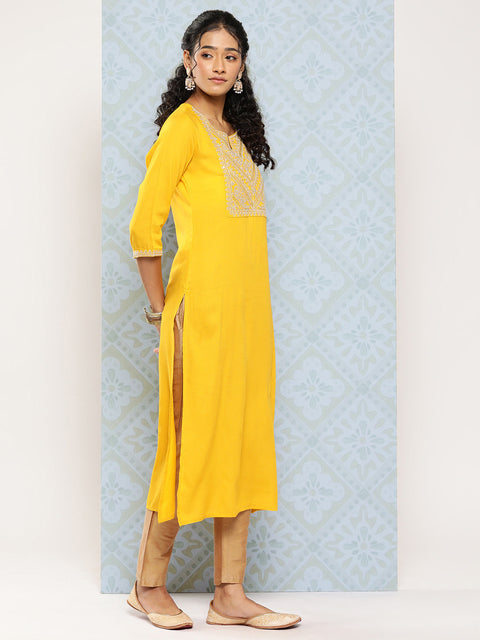 Women Yellow Embroidered Yoke Desgin Straight Kurta