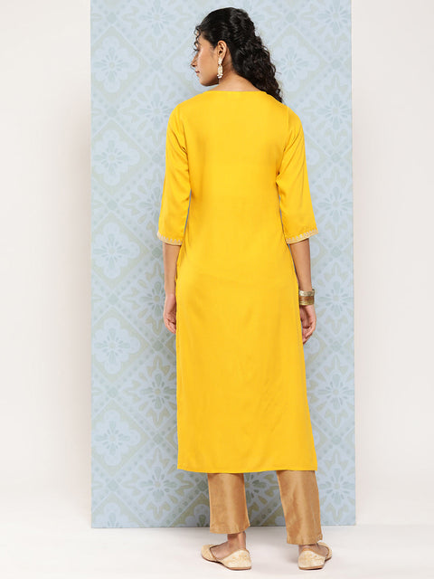 Women Yellow Embroidered Yoke Desgin Straight Kurta