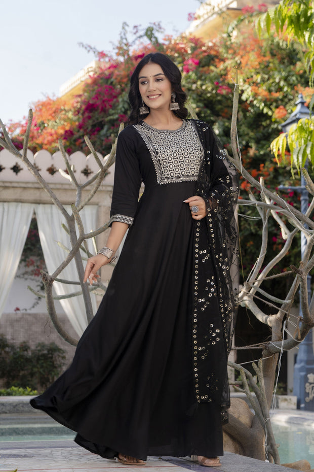 Women Black Embroidered Solid Dress With Net Secquanc Dupatta