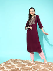 Women Burgundy Embroidered Yoke Desgin Straight Kurta