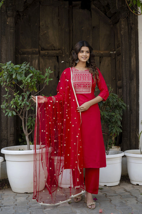 Women Red Embroidered Straight Kurta With Trouser And Net Dupatta