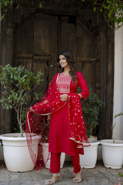 Women Red Embroidered Straight Kurta With Trouser And Net Dupatta