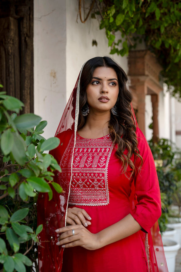 Women Red Embroidered Straight Kurta With Trouser And Net Dupatta