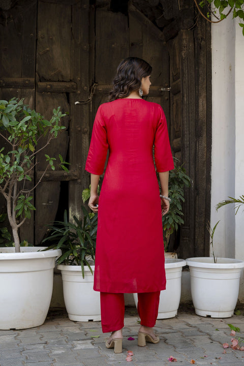 Women Red Embroidered Straight Kurta With Trouser And Net Dupatta