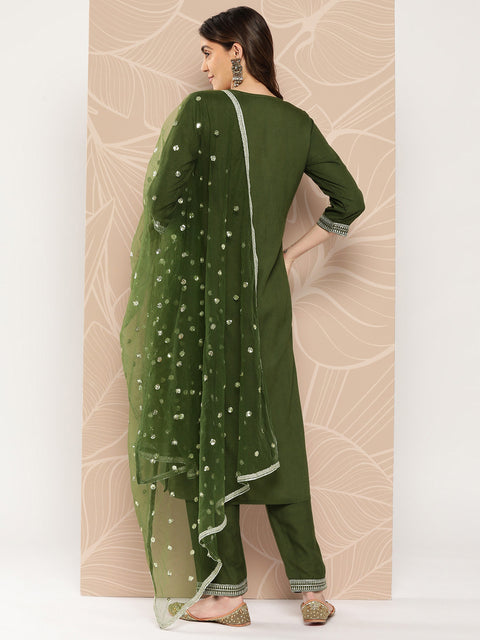 Women Green Embroidered Straight Kurta With Palazzo And Dupatta