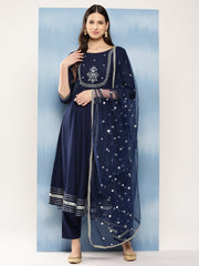 Women Navy Blue Embroidered Anarkali Kurta With Trouser And Dupatta