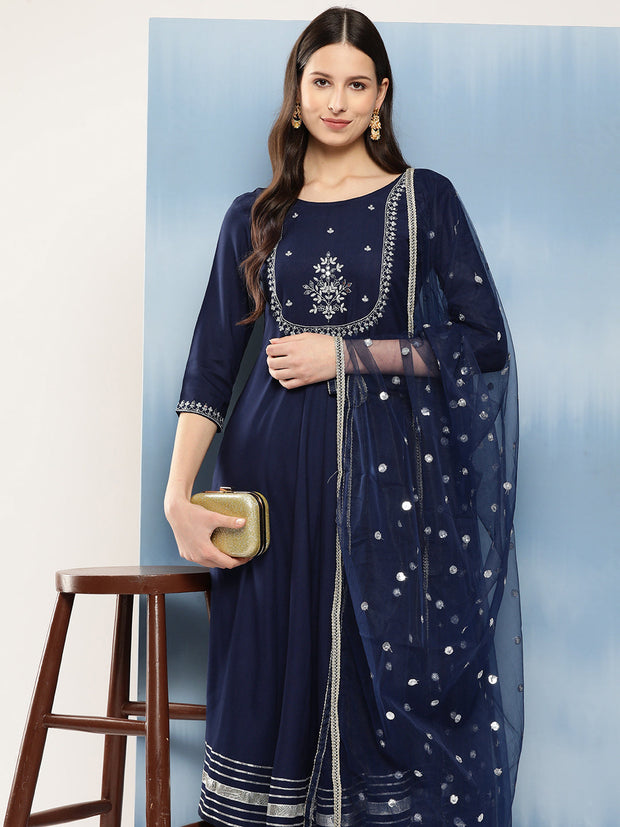 Women Navy Blue Embroidered Anarkali Kurta With Trouser And Dupatta