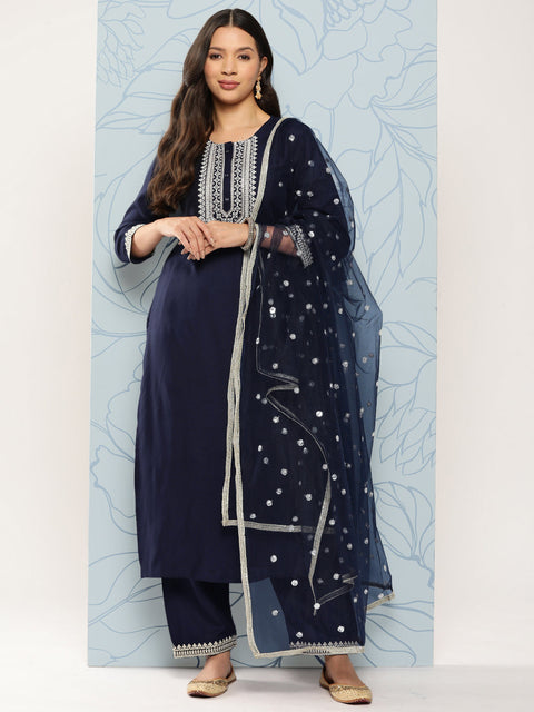 Women Navy Blue Embroidered Straight Kurta With Palazzo And Net Dupatta