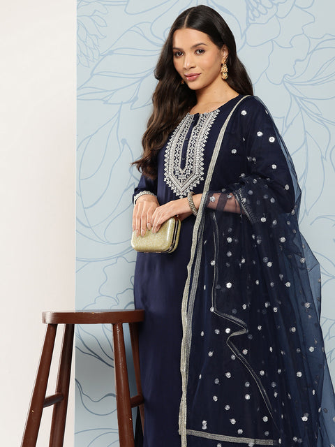 Women Navy Blue Embroidered Straight Kurta With Palazzo And Net Dupatta