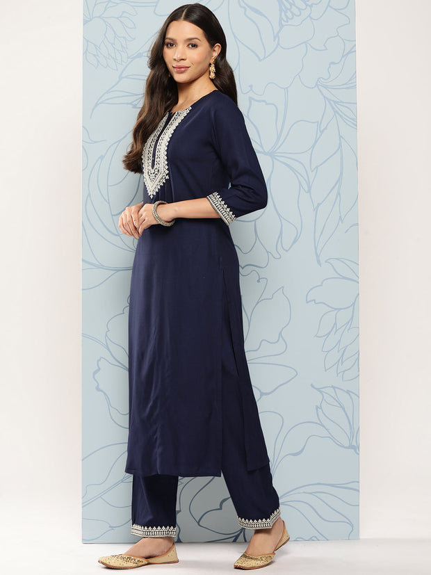 Women Navy Blue Embroidered Straight Kurta With Palazzo And Net Dupatta