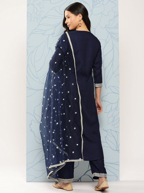 Women Navy Blue Embroidered Straight Kurta With Palazzo And Net Dupatta