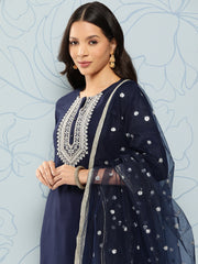 Women Navy Blue Embroidered Straight Kurta With Palazzo And Net Dupatta