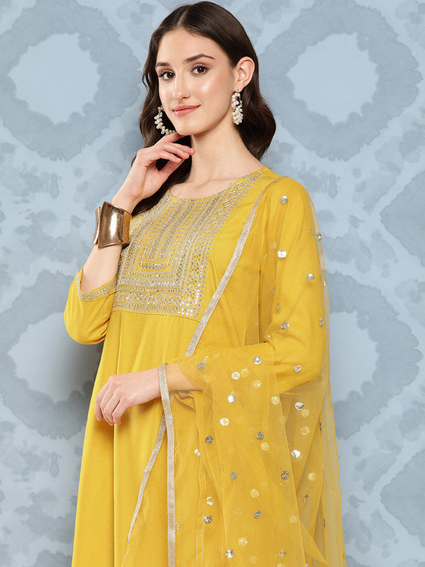 Women Yellow Embroidered Straight Kurta With Palazzo And Net Dupatta