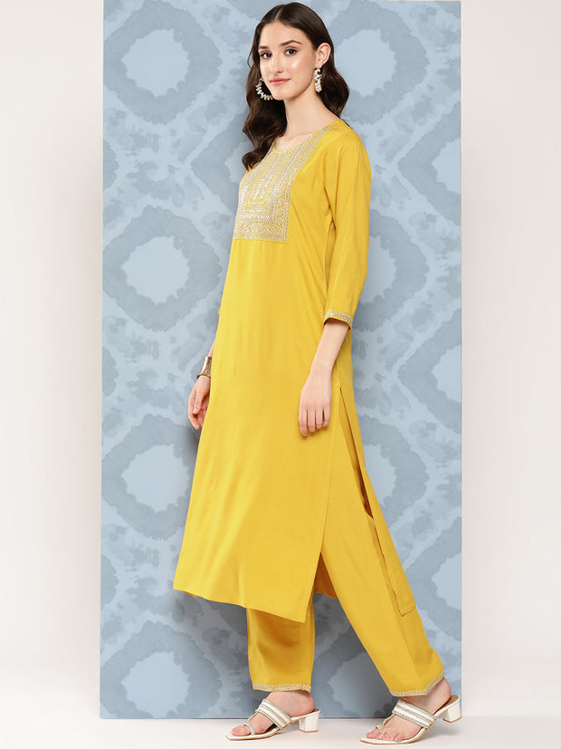 Women Yellow Embroidered Straight Kurta With Palazzo And Net Dupatta