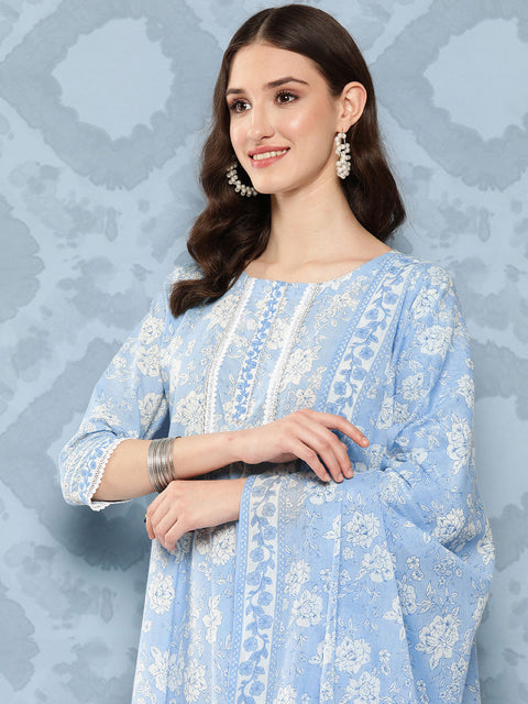 Women Blue Printed Flared Kurta And Trouser With Dupatta