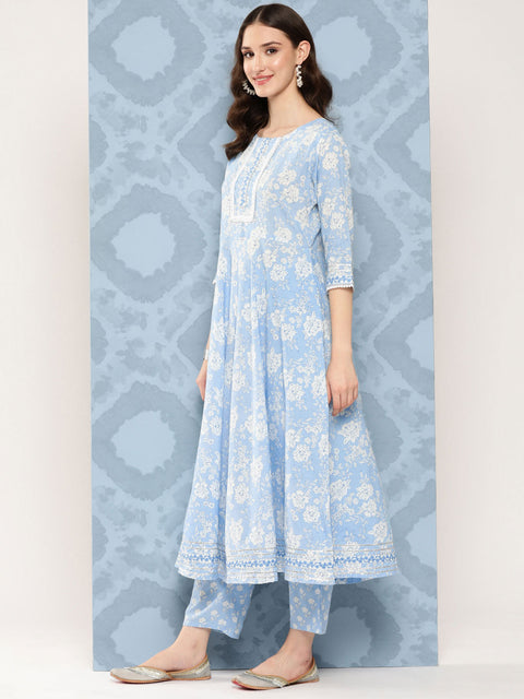 Women Blue Printed Flared Kurta And Trouser With Dupatta