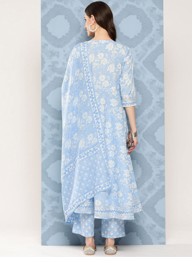Women Blue Printed Flared Kurta And Trouser With Dupatta