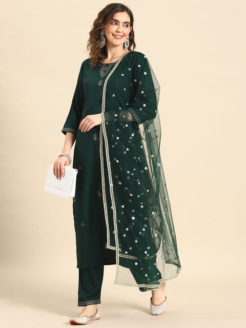 Women Green Embroidered Straight Kurta With Palazzo And Net Dupatta