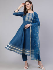 Women Teal Blue Embroidered Flared Kurta With Trouser And Dupatta