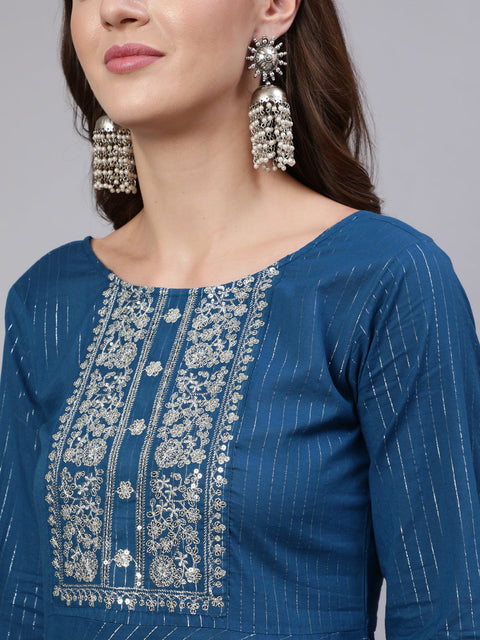 Women Teal Blue Embroidered Flared Kurta With Trouser And Dupatta